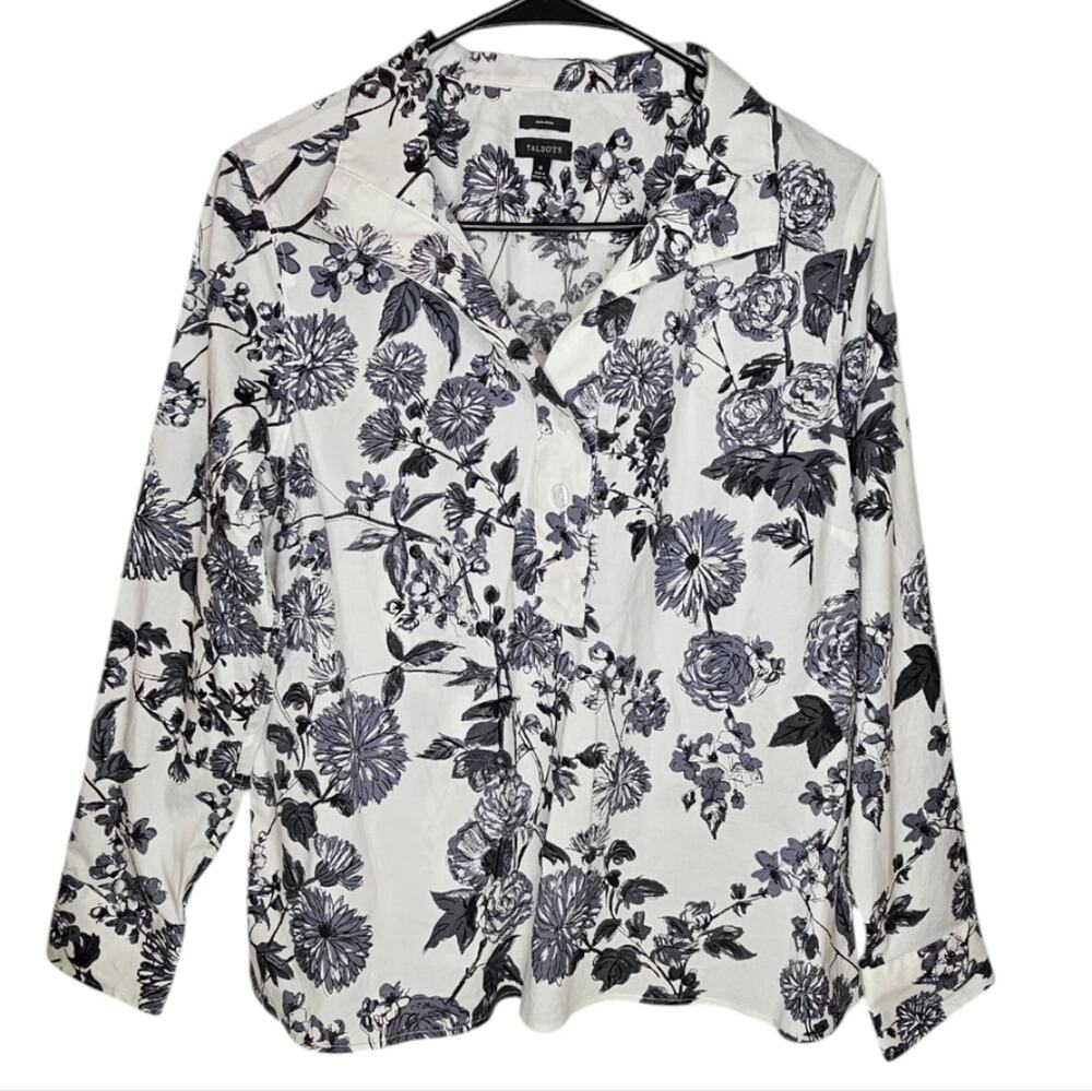 Talbots Non-Iron Popover Brushed Floral Black Gray and White Shirt Medium